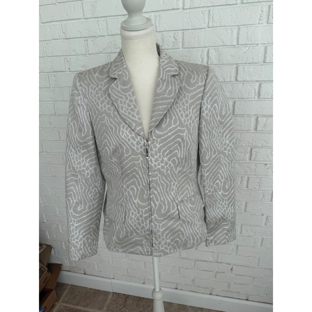 Albert Nipon Blazer Womens 10 Silver Metallic Animal Print Zip Front Excellent